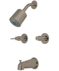Two Handle Tub And Shower Faucet With 5 Inch Tub Spout Brushed Nickel Finish Brass Construction No Fuss Install Wall Mount Setup Includes Shower Head Arm Flange Valve And Spout Accessories Included
