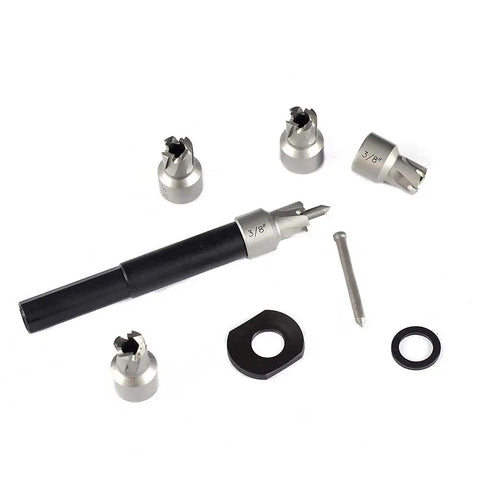 Spot Weld Cutter Set 5 Pack 3/8 Inch HSS Blades For Ripping Welds And Drilling Holes In Metal Sheets shown with accessories.