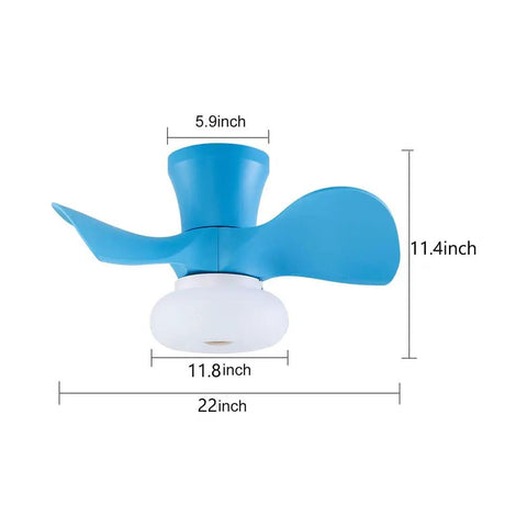 Ceiling Fan with Light 22 Inch 6 Speeds Timing 3 Color Temperatures for, blue design, acrylic and metal materials, dimensions shown.