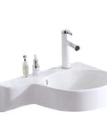 Slick Ceramic Wall Mounted Bathroom Sink With Deep Corner Basin And Standalone Pedestal Base For Quick Clean Up, compact design with faucet.