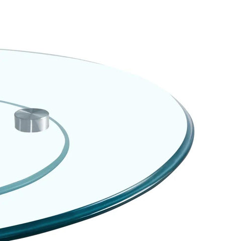 Close-up of tempered glass Lazy Susan turntable, 10mm thick, showing smooth edge and stable base, ideal for dining.