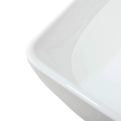 Close-up of white ceramic corner of All In One White Ceramic Vessel Sink And Brushed Nickel Faucet Combo For Bathroom Vanity