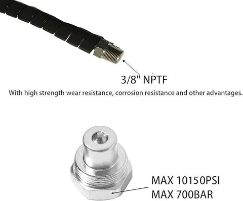 Hydraulic hose assembly with 3/8 in NPTF fitting and metal adapter; black flexible hose, high-pressure up to 10150 PSI.
