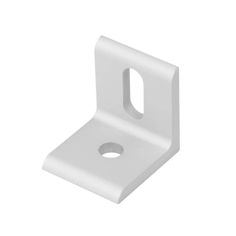 Slotted Inside Corner Brace for 3030 Aluminum Extrusion, silver finish, front view, one eighth inch thick, one quarter inch hole
