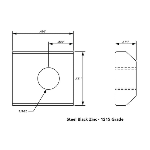 Technical drawing of Rock Solid 1/4-20 Slide In T Nuts dimensions and features in black zinc coated steel.