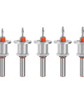 Top Shelf 5Pc Adjustable Depth Stop Countersink Drill Bit Kit For Hardwood, Plywood And Board Installation showing 5 carbide drill bits.