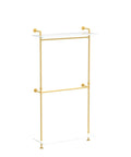 Hella Sturdy Two Tier Industrial Garment Rack With Thick Wood Shelf And Durable Metal Frame Wall Mounted Double Hanging Rods Clothes Storage Shelf For Home Or Boutique, featuring gold metal frame and white shelves.