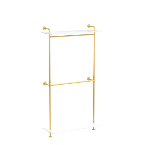 Hella Sturdy Two Tier Industrial Garment Rack With Thick Wood Shelf And Durable Metal Frame Wall Mounted Double Hanging Rods Clothes Storage Shelf For Home Or Boutique, featuring gold metal frame and white shelves.