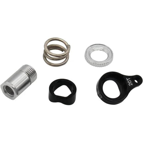 Front view of servo saver kit components: CNC aluminum adapter, springs, metal washer, plastic collar, 20T horn.
