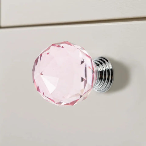 Dang Fancy 30mm Diamond Cut Crystal Cabinet Knobs With Clear Gold Alloy Base Super Smooth Drawer Handles For Kitchen Cupboards Dresser Wardrobe Furniture 6 Pack Solid Glass Pulls Pretty Darn Beautiful in pink color on drawer.