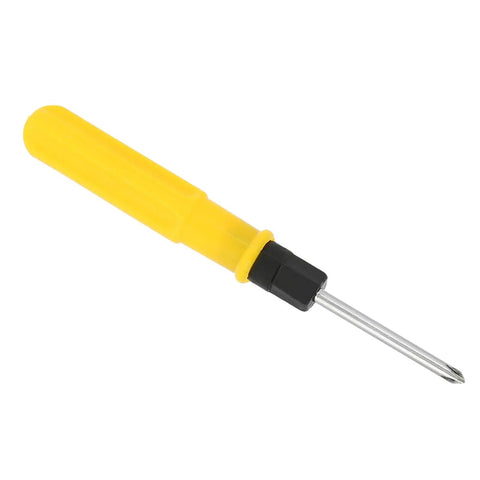 Yellow handle Phillips screwdriver with metal tip on white background.