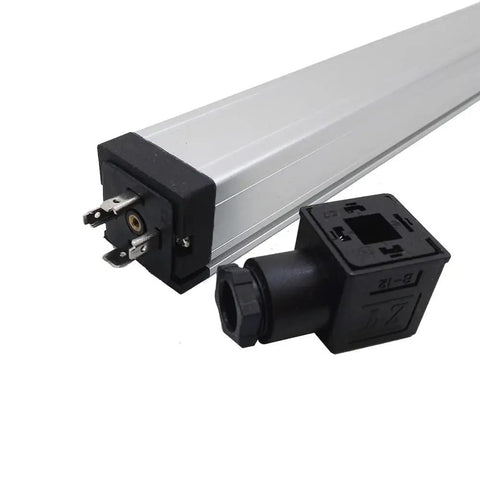 Close-up of a 200mm 0-5K Ohm Linear Position Sensor With Rock-Solid Precision, showing connector and black end cap.
