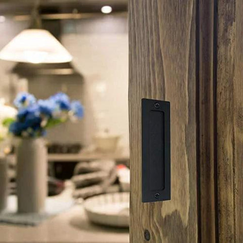 7 Inch Barn Door Finger Pull Set Black Beefy Heavy Duty Invisible Door Handle installed on wooden barn door
