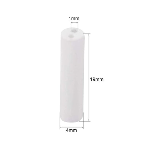 Ceramic insulation tube, white alumina porcelain, 1mm bore, 19mm long, 4mm OD; pack of 10