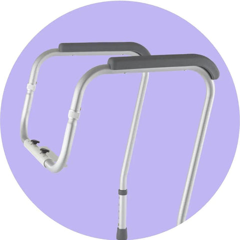 Super Sturdy Aluminum Toilet Handle Safety Rail With Folding Grab Bar Design, adjustable arms visible, supports 250 lbs.