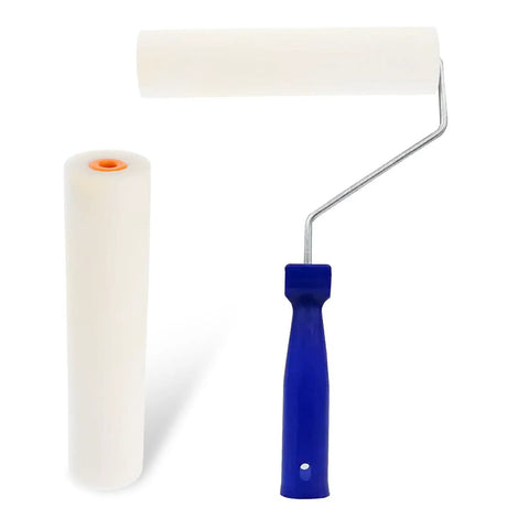 High Density Polyurethane Paint Rollers 10 Pack includes white foam roller and blue handle, ideal for smooth cabinet finishes.