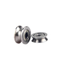 Ten Pack Of Super Smooth Deep Groove Mini Bearings For Wire Guide Tracks And Over Line Pulleys With V Groove Design, metal construction, showing two pulleys.