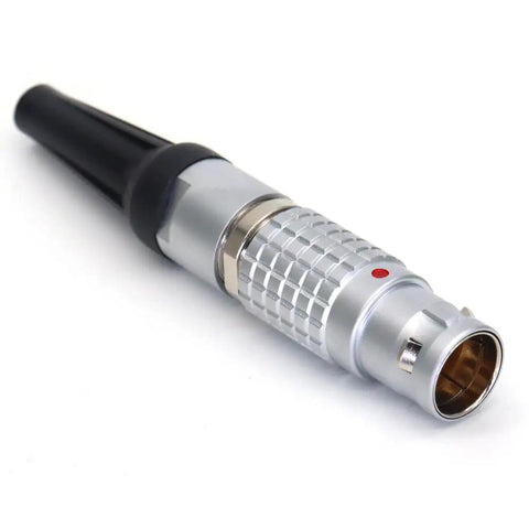 Push Pull Self Lock Circular Connector 0B 7 Pin Plug For Aviation And Industrial Electronics Cameras And Test Gear High Density Mounting Saves Space And Supports 2 3 4 5 6 7 And 9 Pin Options With 180 Combinations. silver metal 0B push-pull connector with black cable boot