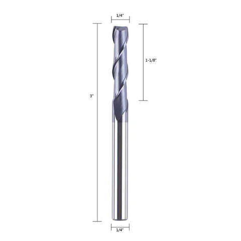 Front view of carbide end mill, 1/4 in shank, 3 in length, TiAlN coated, 2-flute spiral upcut