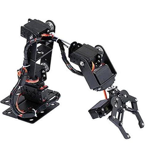 Arm Mechanical Robotic Clamp Claw Kit, 6DOF robot arm with black metal frame and gripper, front view.