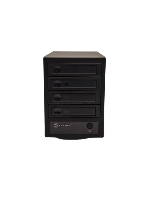 Front view of Rock Solid USB C External Storage 4 Bay Sata Hdd Ssd Enclosure with four drive bays for heavy duty file backup.