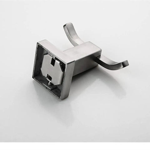 Slick Brushed Stainless Steel Double Robe Hooks With No Hassle Wall Mount For Bathroom And Shower Beefy Coat And Hat Hangers Modern Compact Design Quick Install Four Pack Hardware Set showing one hook with square base.