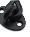 Close-up of Built Tough 2 Pack Gate Hook Latch, black stainless steel for shed doors and cabinets, heavy-duty design.