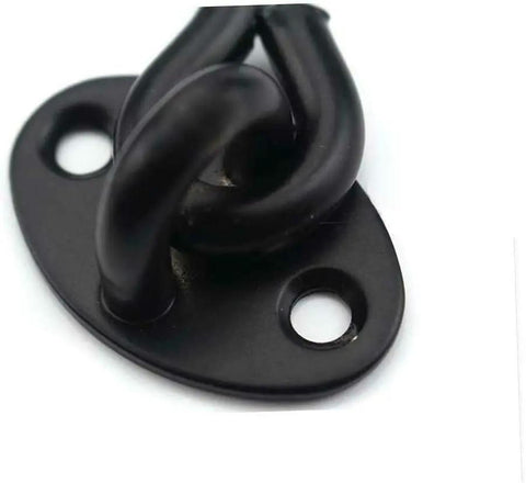 Close-up of Built Tough 2 Pack Gate Hook Latch, black stainless steel for shed doors and cabinets, heavy-duty design.