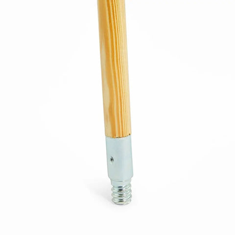 60 Inch Wood Push Broom Handle With Threaded Metal Tip For Easy Broom Head Attachment, Natural Finish, shown in close-up view