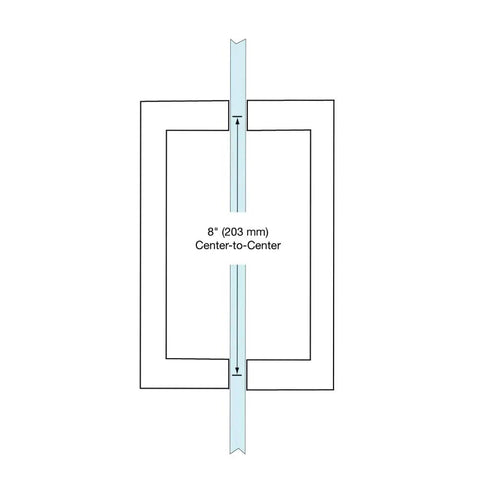 Diagram of Brushed Nickel 8x8 Square Tubing Back To Back Pull Handle for Glass Doors showing 8-inch center-to-center spacing.