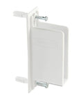 Wall Mount Bracket With Free Slide Shelving, White Plastic, Epoxy Steel Frame, side view showing mounting screws