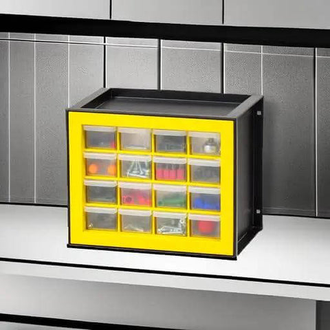 Straightforward 16 Drawer Toolbox Organizer For Garage Desk Storage Kills The Mess At Your Workbench in sunny yellow with clear drawers.