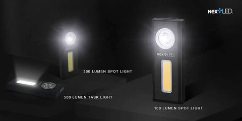 Rechargeable Slim LED Work Light With Clip On Pocket Flashlight showing 300 and 100 lumen spot lights illuminated