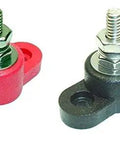 Dead Set Tough 1/4 Inch Stainless Steel Power And Ground Junction Block equipped with lock washers in red and black nylon housing.