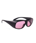 Pro Grade 755nm And 808nm Laser Safety Glasses With Badass Eye Protection For Epilation Units And Clinical Lasers showing pink lenses and black frame.