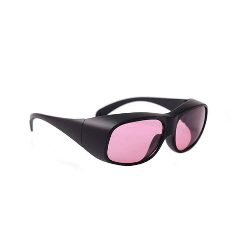 Pro Grade 755nm And 808nm Laser Safety Glasses With Badass Eye Protection For Epilation Units And Clinical Lasers showing pink lenses and black frame.