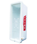 Six Pack Heavy Duty White Plastic Fire Extinguisher Cabinet Holder Fits 10lb ABC Extinguishers With Hammer Cylinder Lock Breakable Face Plate Wall Mount Design For Serious Garage Shop Defense, viewed from side with door open.