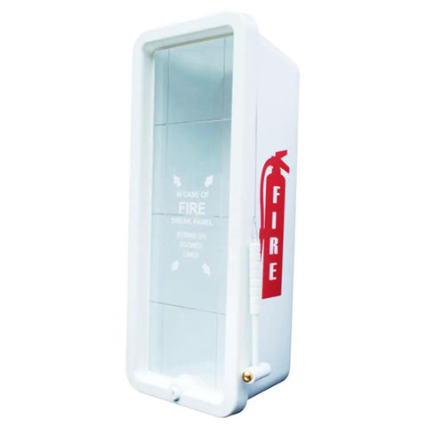 Six Pack Heavy Duty Plastic Fire Extinguisher Cabinet Fits 10 Lb Units with breakable glass front and cylinder lock.