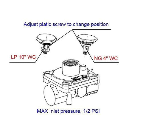 Front view diagram of Amazon natural gas grill regulator with 1/2 in NPT inlet/outlet; NG 4 WC and LP 10 WC
