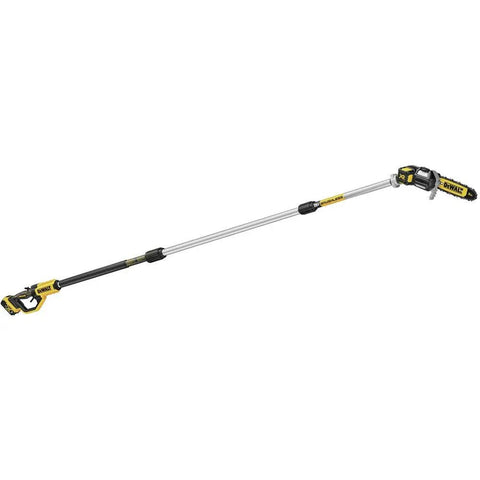 Powerful 20V Max XR Pole Saw with fifteen foot reach fully extended, showcasing brushless motor and durable design for tree trimming.