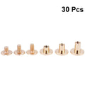 Top Shelf Copper Flat Head Rivet Screws, Thirty Pack Chicago Fasteners for Leather Crafting, various sizes and shapes in copper finish.