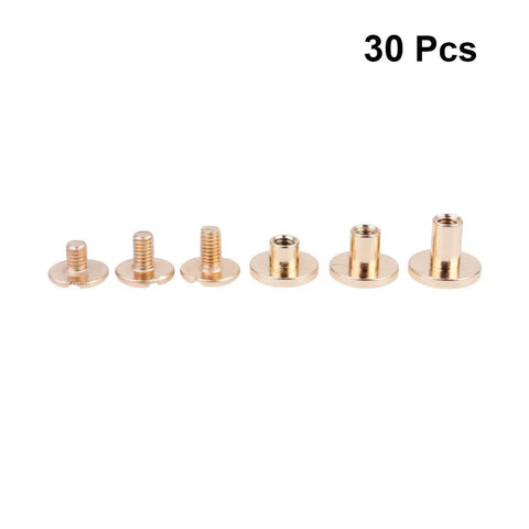 Top Shelf Copper Flat Head Rivet Screws, Thirty Pack Chicago Fasteners for Leather Crafting, various sizes and shapes in copper finish.