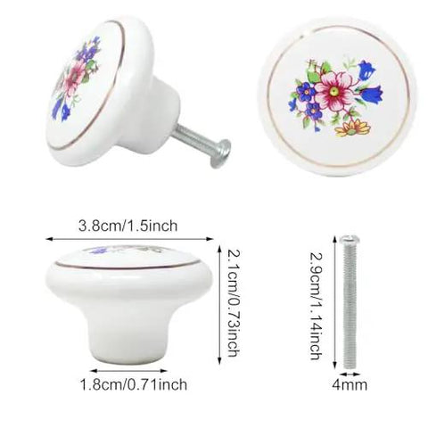 Snag These Knockout Hand Painted Ceramic Knobs Six Piece Set For Kitchen Cabinets Dressers Smooth Touch Easy Install Hardware Killer Vintage Style Pulls, showing dimensions and details.