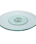 Real Deal Tempered Glass Lazy Susan Rotating Turntable Slick Bearing Swivel Serving Tray For Modern Kitchen And Dining Table Clear Glass Platter Eighty Inch Diameter, top view.