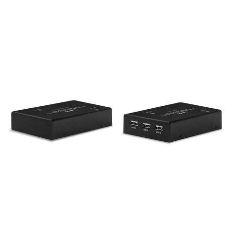 Top Shelf KVM Extender Kit With DisplayPort 1.2 And USB Over Fiber Optic Cable stretching up to 300M, featuring three USB Type A ports.