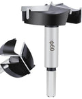 Straight Shooting Carbide Forstner Drill Bit 2-3/8 Inch Hex Shank Woodworking Hole Cutter with two angles shown.