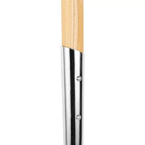 Close-up of the steel extended socket and American ash handle of Polished Chrome Ceremonial Shovel For Groundbreakings And Ribbon Cuttings.
