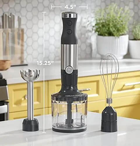 No Sweat 500 Watt Stainless Steel Immersion Blender With Removable Whisk And Spout Blending Jar, 15.25 inches tall, includes whisk.