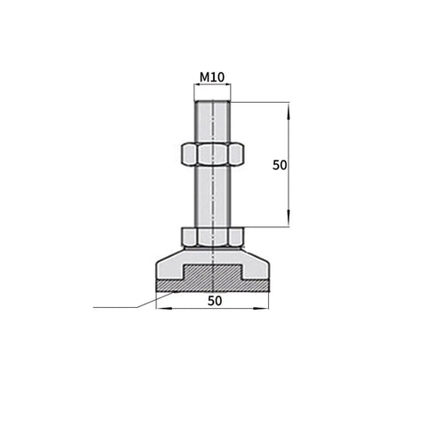 No Fuss Heavy Duty Carbon Steel Leveling Feet For Straighteners Built Tough Adjustable Support Legs Quick Threaded Lift Rock Solid Orange Base Tool Stand dimensional drawing showcasing M10 height and 50mm base.
