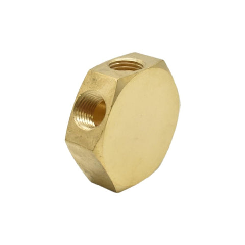 Side view of Brass Flat Hex Pneumatic Manifold FPM44R 3 Way Outlets 1/4 Inch NPT Female Inlets and Outlets showing thread openings.